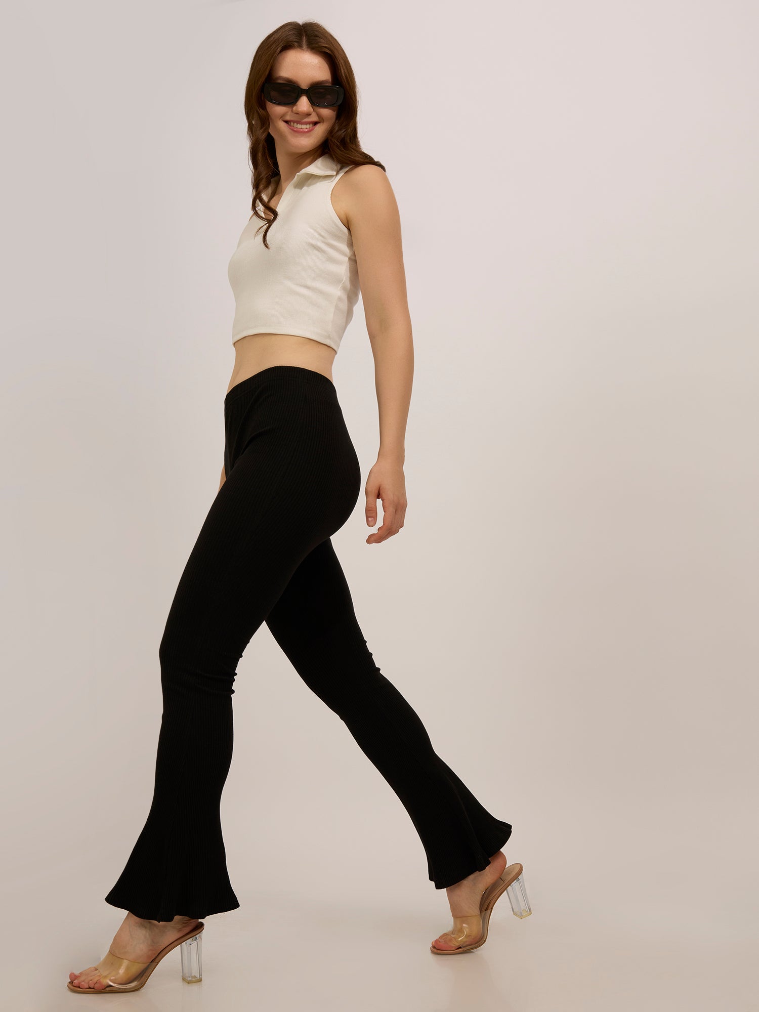 Black Ribbed Basic Flared Leggings