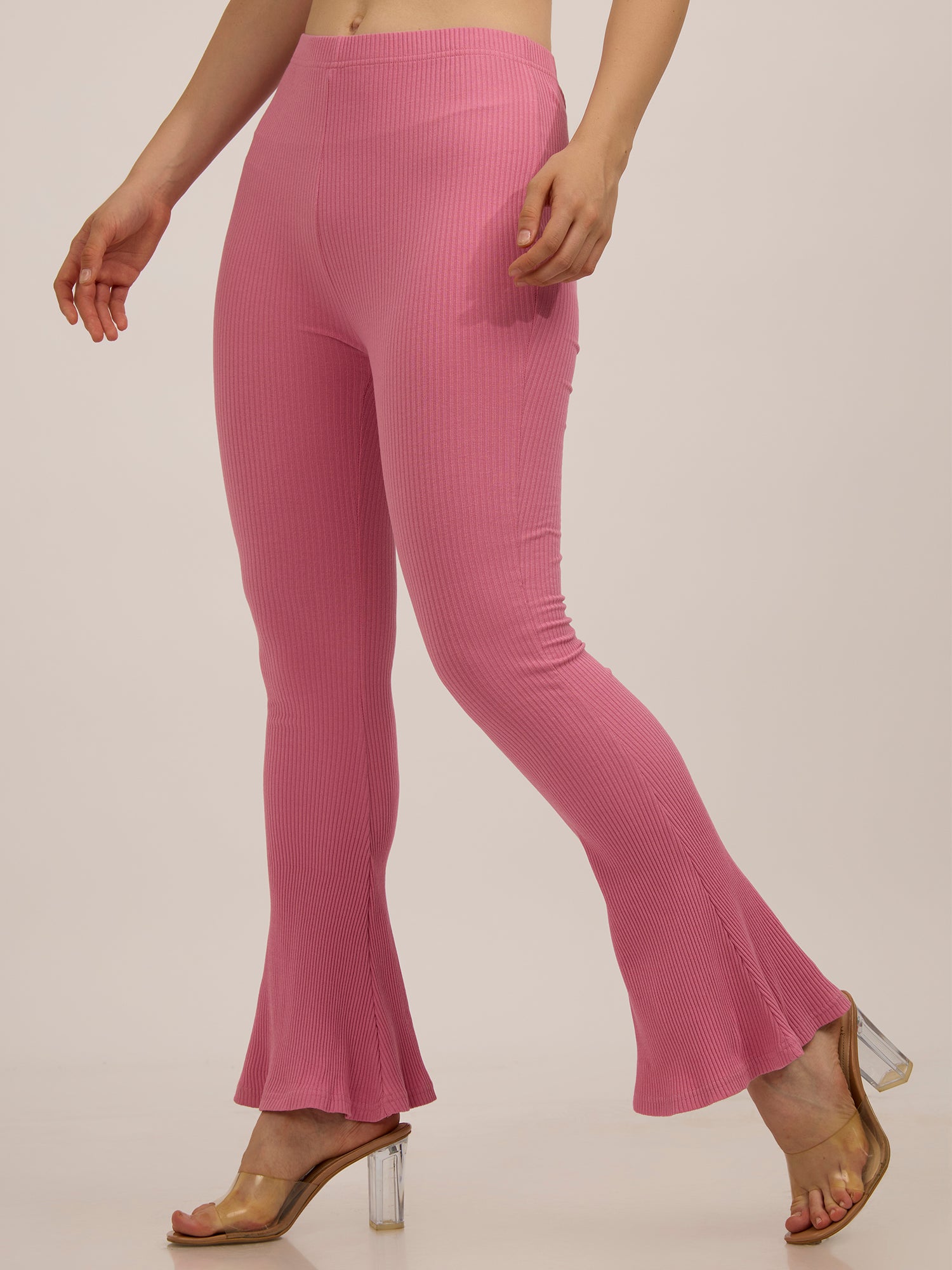 Mauve Ribbed Basic Flared Leggings