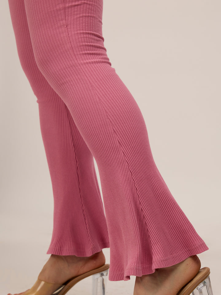 Mauve Ribbed Basic Flared Leggings