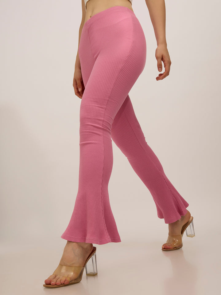 Mauve Ribbed Basic Flared Leggings