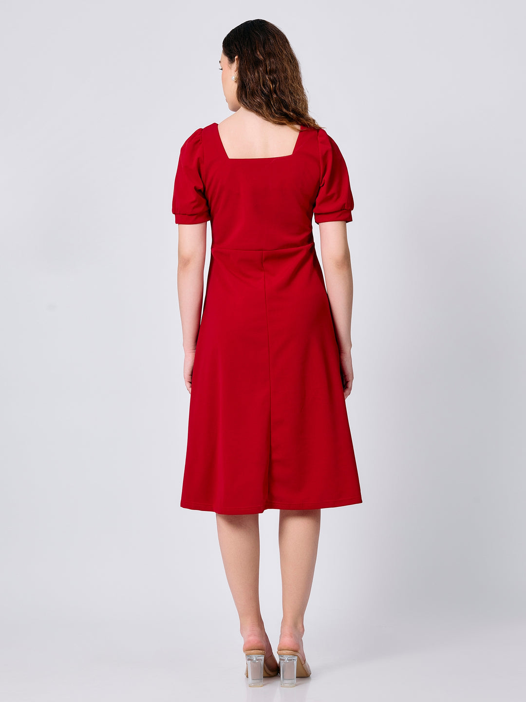Red Puff Sleeves Fit And Flare Dress