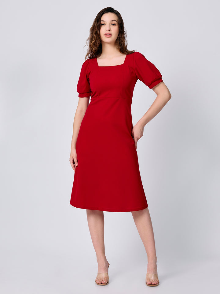 Red Puff Sleeves Fit And Flare Dress