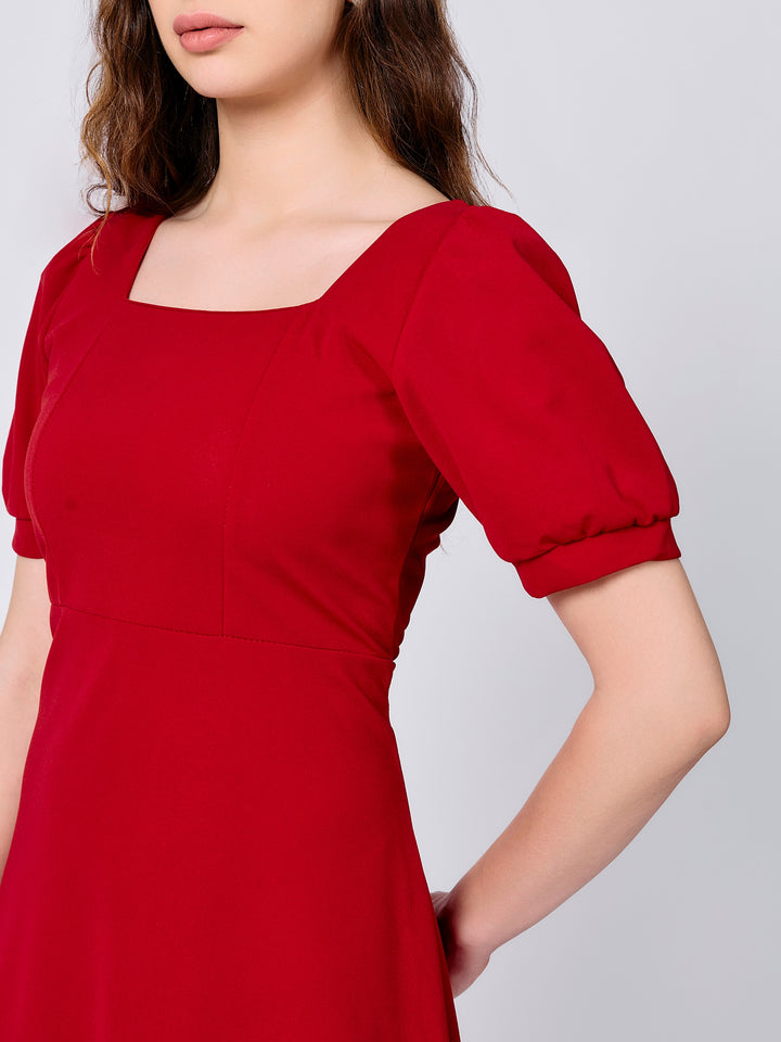 Red Puff Sleeves Fit And Flare Dress