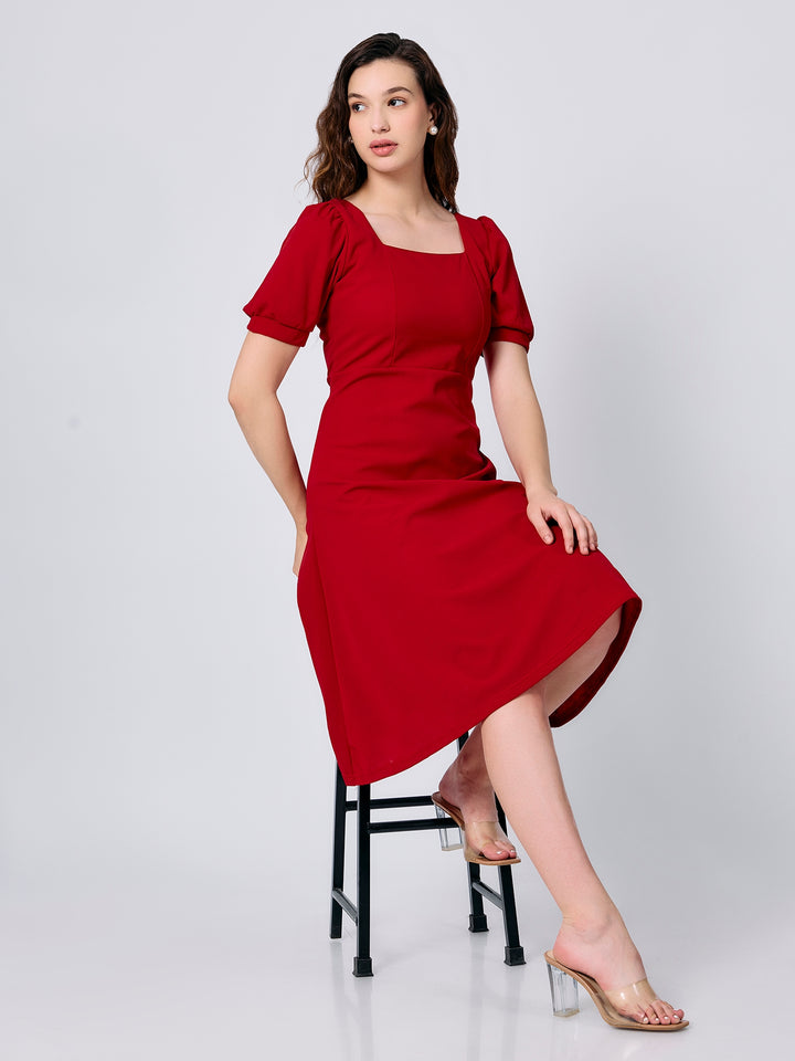 Red Puff Sleeves Fit And Flare Dress