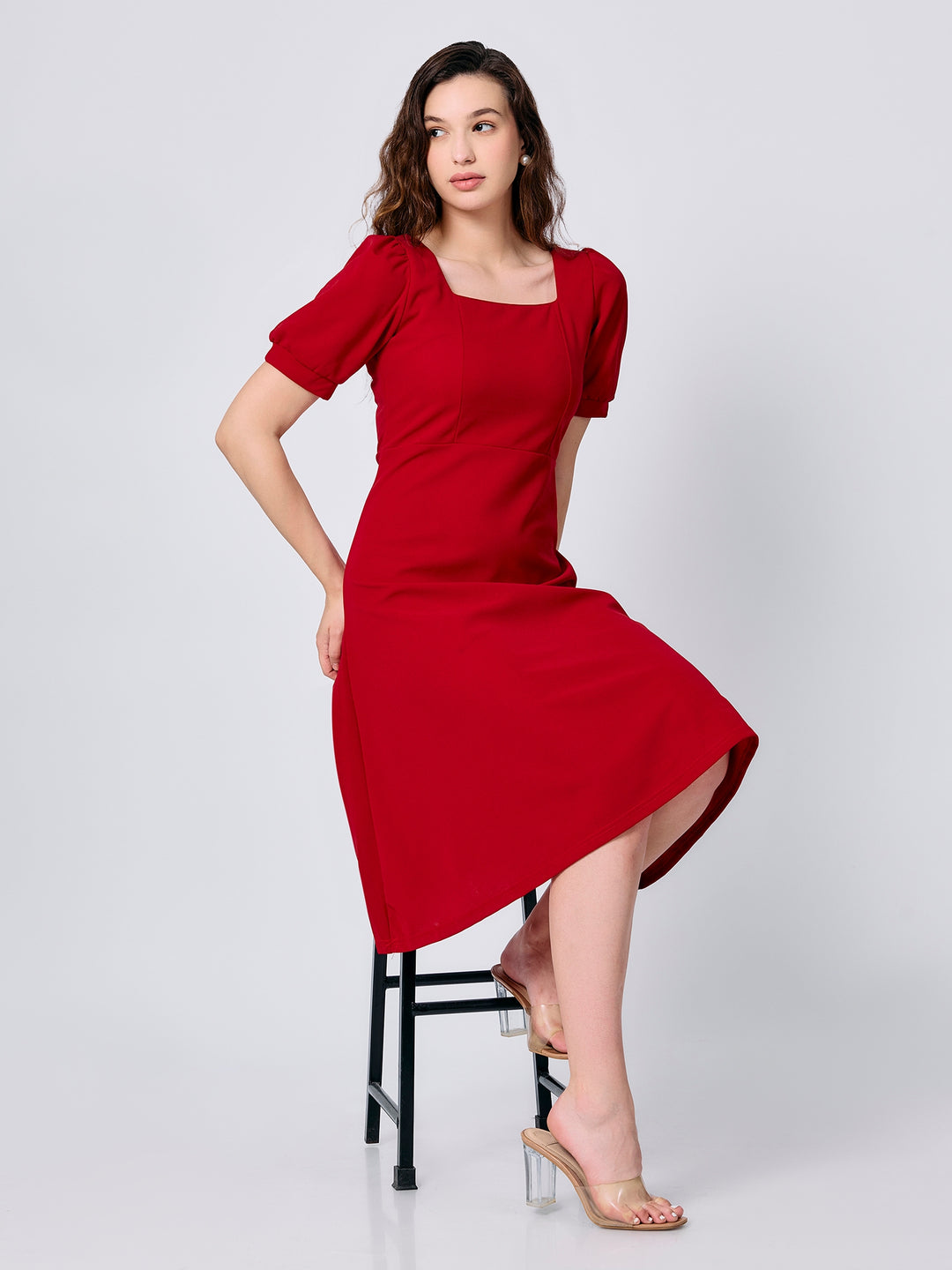 Red Puff Sleeves Fit And Flare Dress
