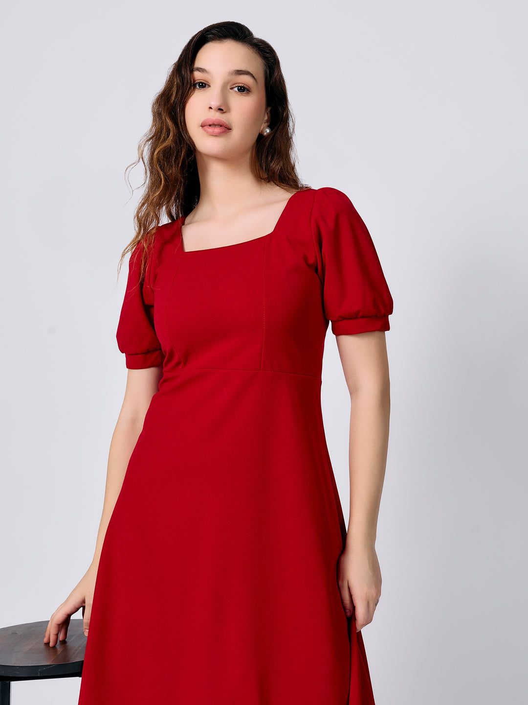 Red Puff Sleeves Fit And Flare Dress