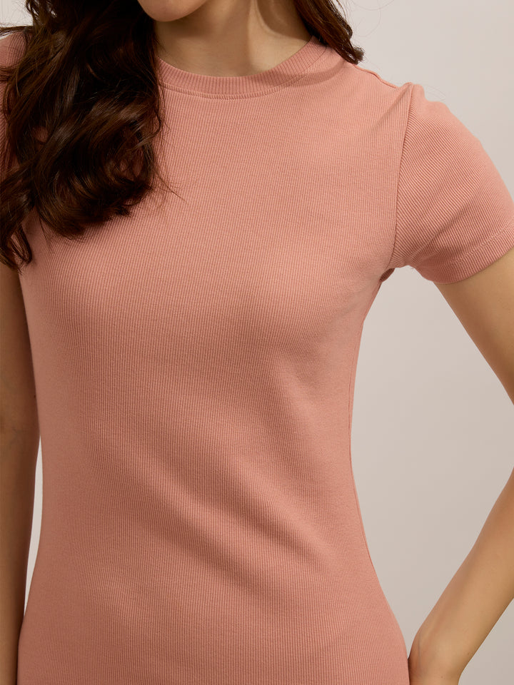 Peach Crew Neck Bodycon T-Shirt Dress