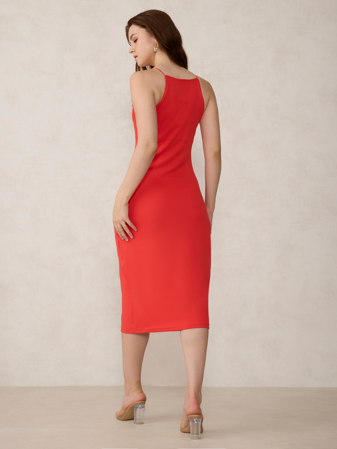 Red High Square Neck Strappy Bodycon Dress