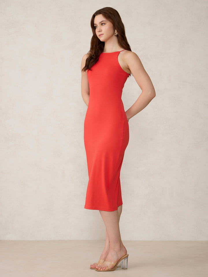 Red High Square Neck Strappy Bodycon Dress