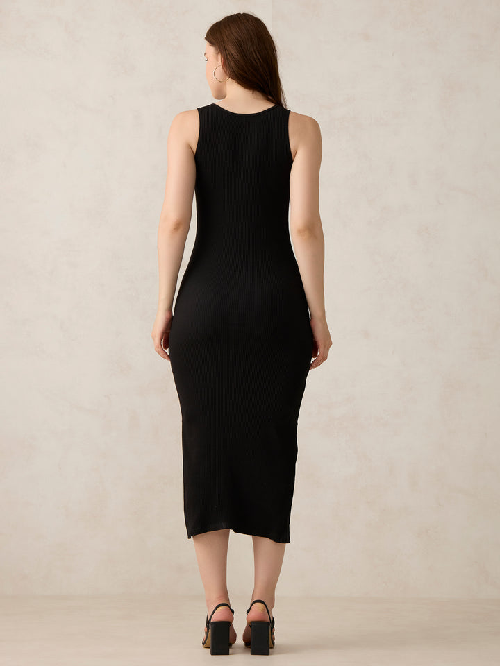 Black Solid Slitted Bodycon Dress