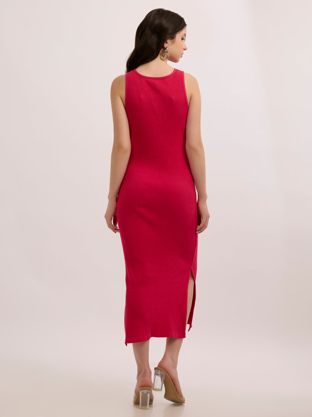 Pink Solid Slitted Bodycon Dress