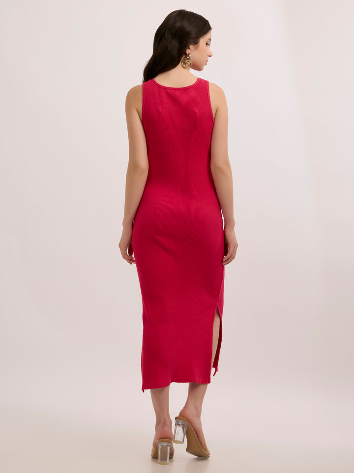 Pink Solid Slitted Bodycon Dress