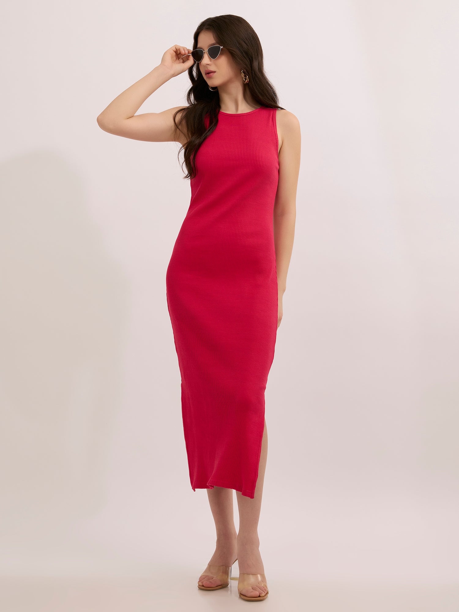 Pink Solid Slitted Bodycon Dress