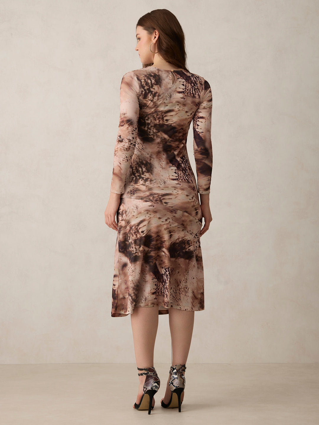 Brown Printed Midi Dress With Slit