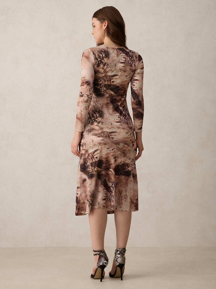 Brown Printed Midi Dress With Slit