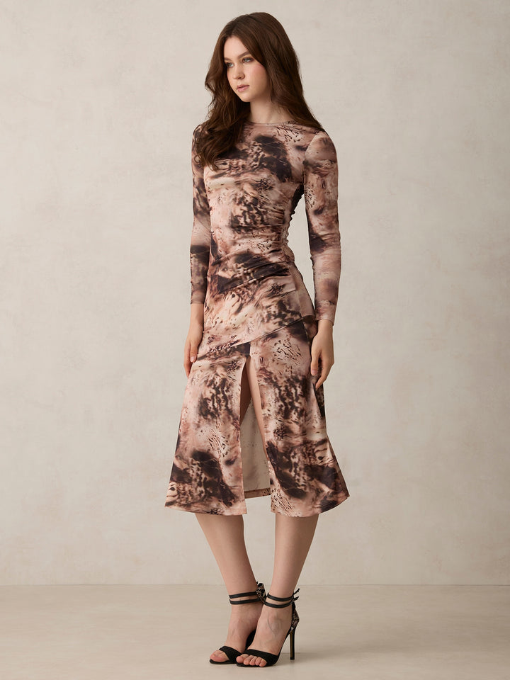Brown Printed Midi Dress With Slit