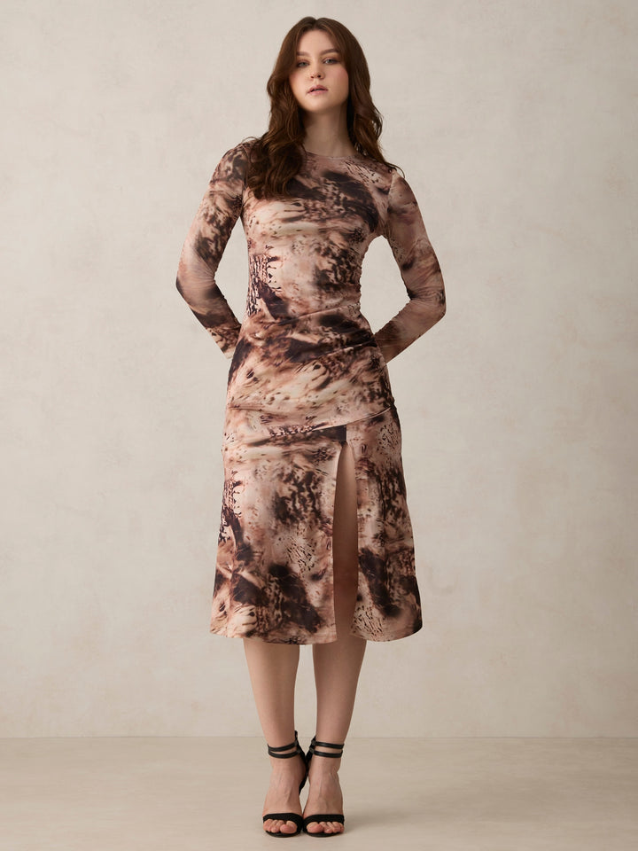 Brown Printed Midi Dress With Slit