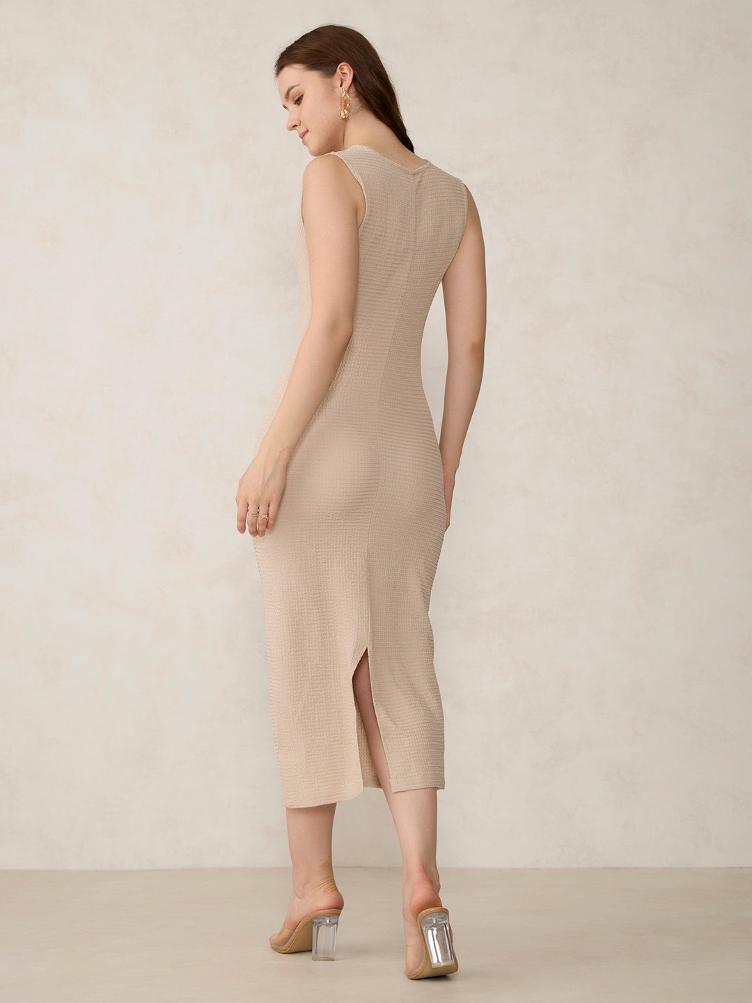 Beige Textured Knit Midi Dress