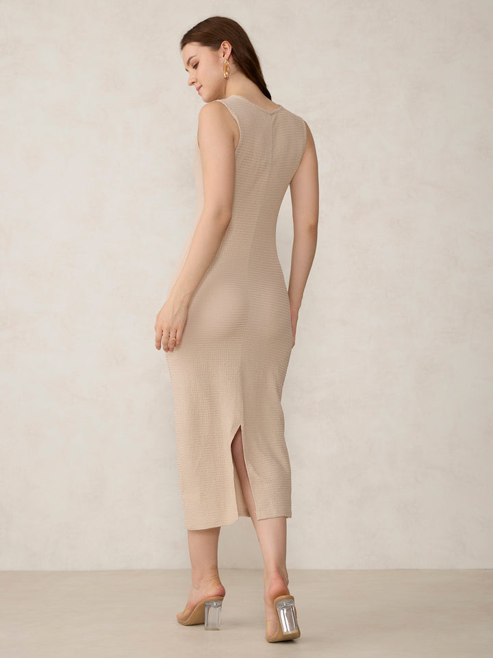 Beige Textured Knit Midi Dress