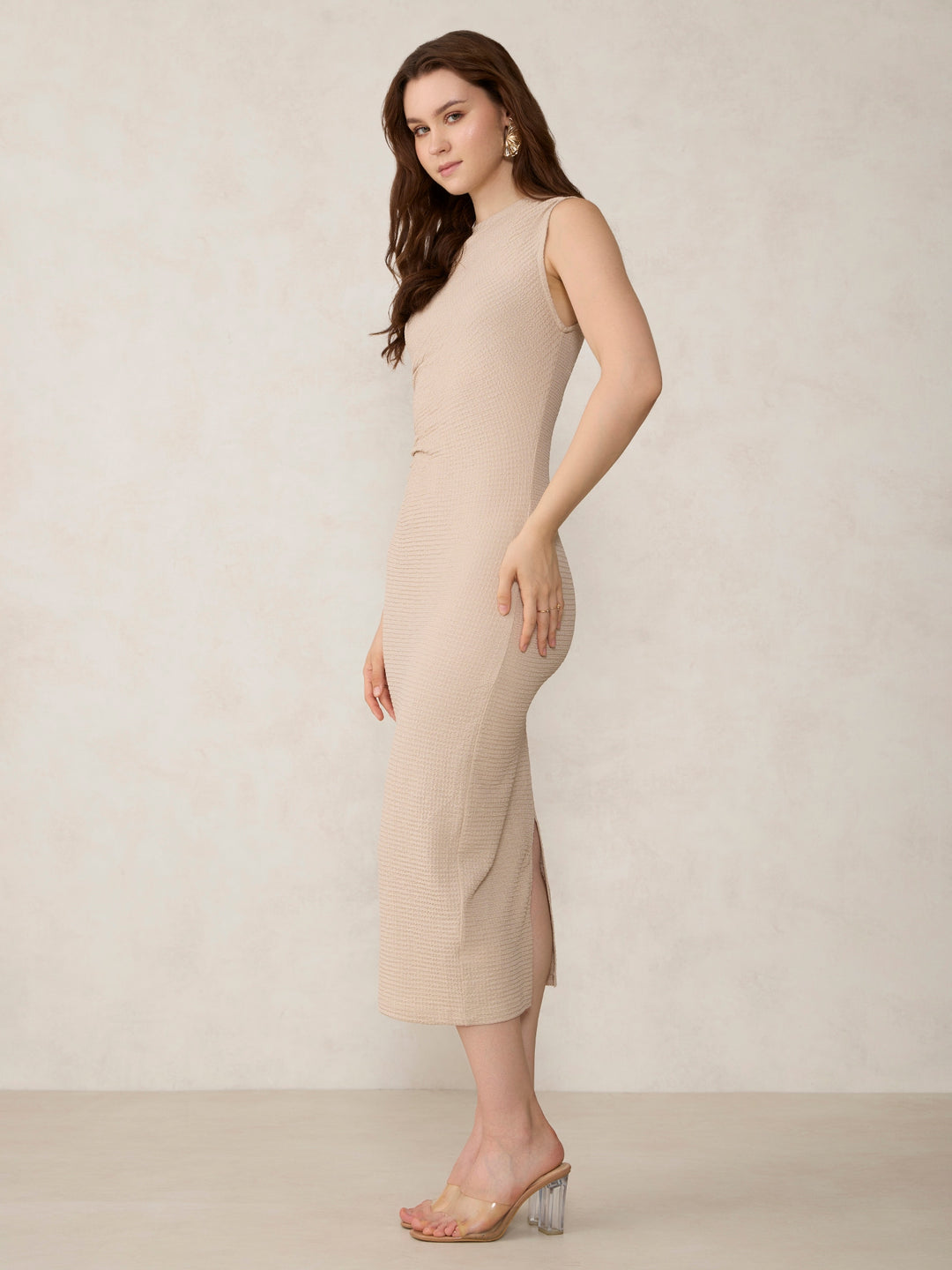 Beige Textured Knit Midi Dress