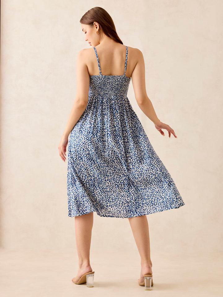 Blue Floral Print Strappy Midi Dress