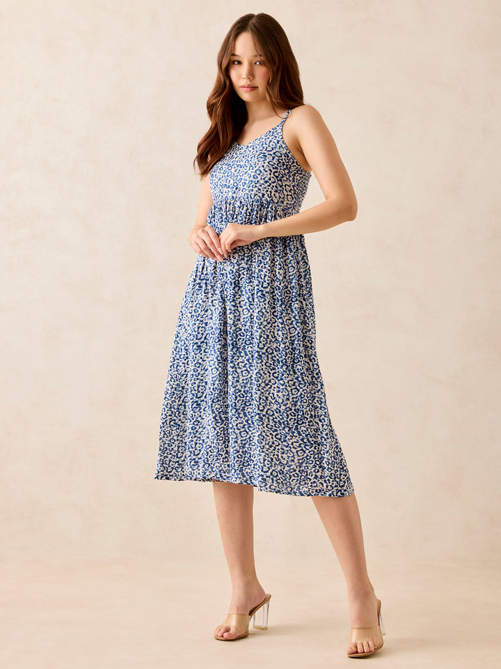 Blue Floral Print Strappy Midi Dress