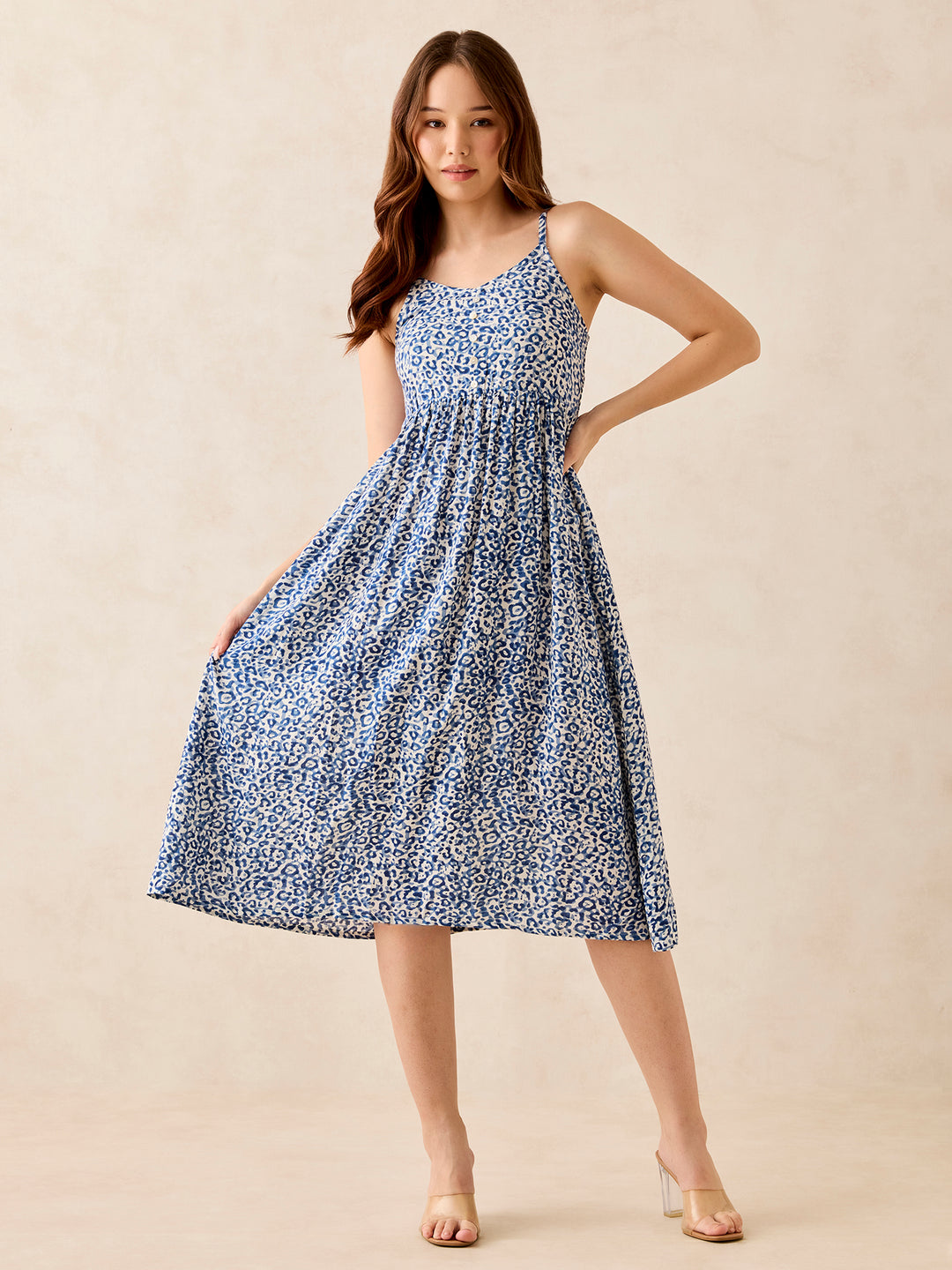 Blue Floral Print Strappy Midi Dress