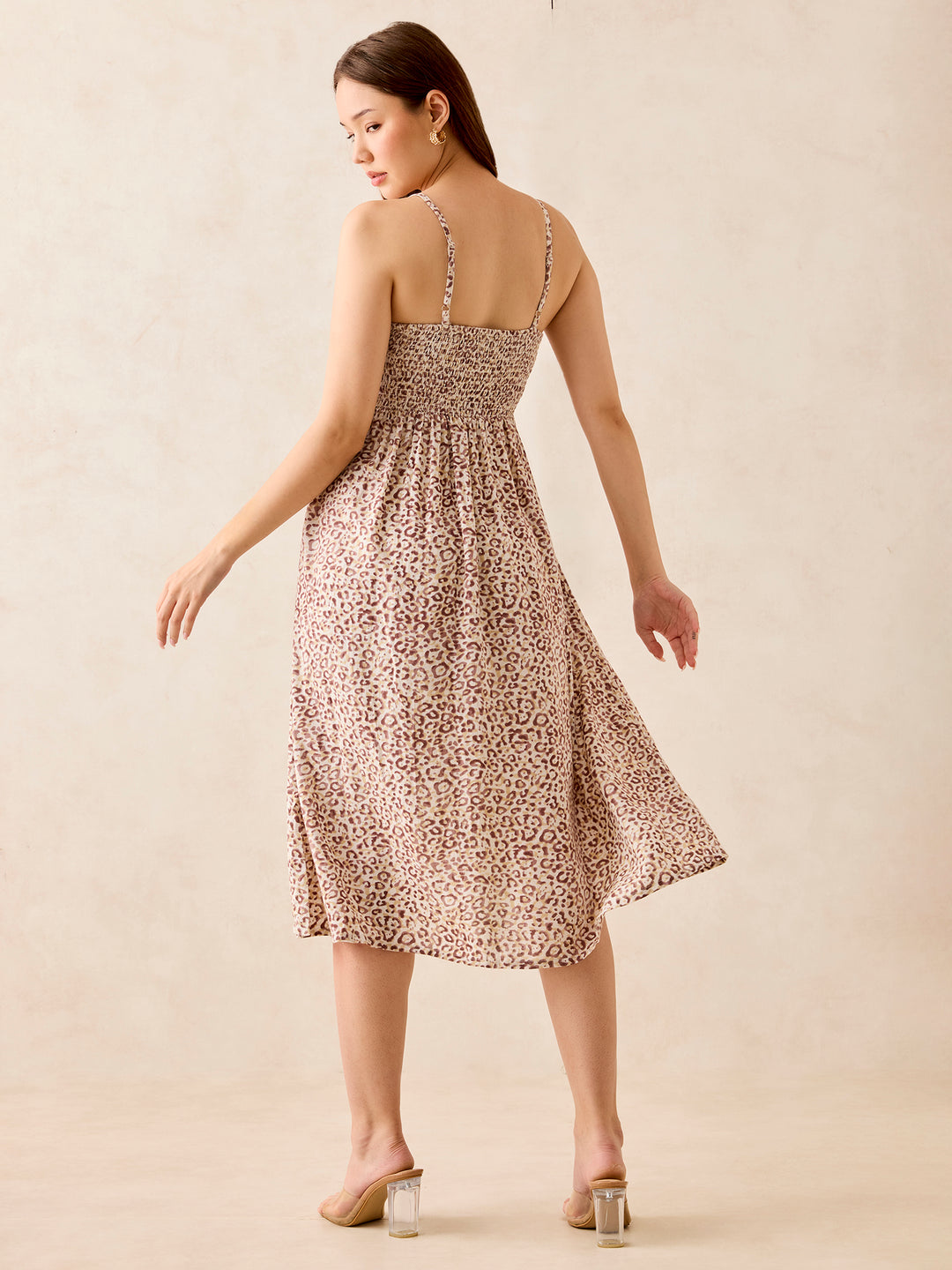 Brown Floral Print Strappy Midi Dress