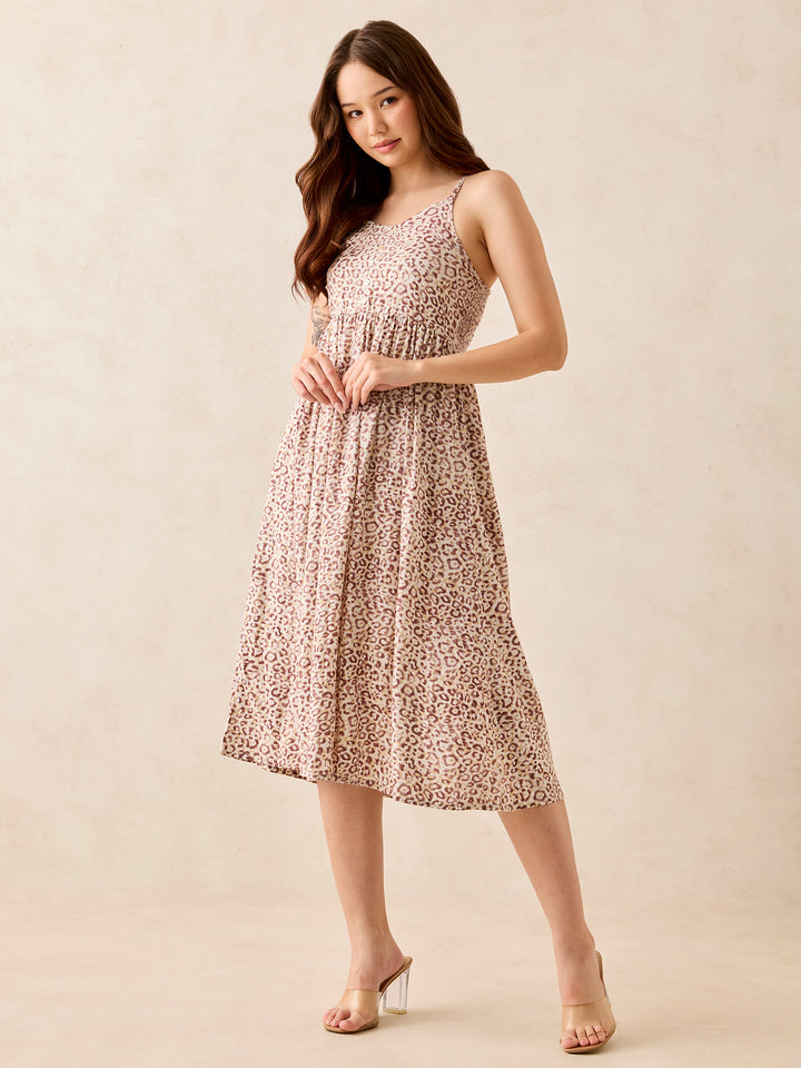 Brown Floral Print Strappy Midi Dress
