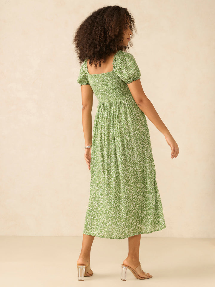 Green A-Line Midi Dress With Smocking And Slit Detail