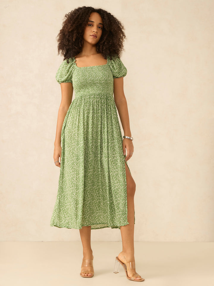 Green A-Line Midi Dress With Smocking And Slit Detail