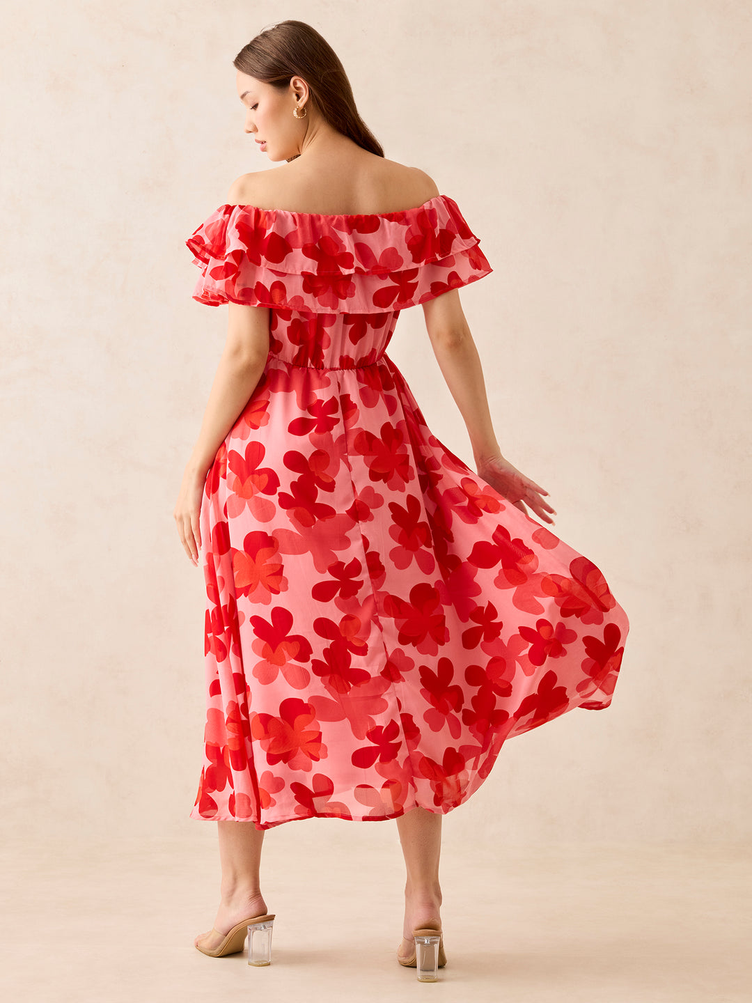 Red Off Shoulder Midi Dress