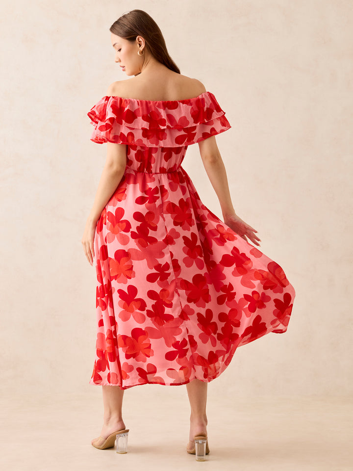 Red Off Shoulder Midi Dress