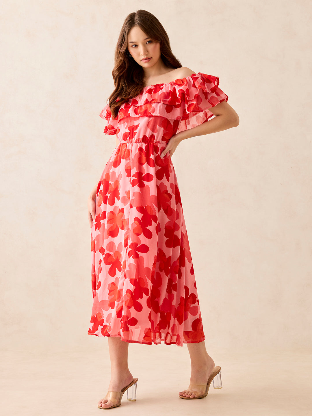 Red Off Shoulder Midi Dress