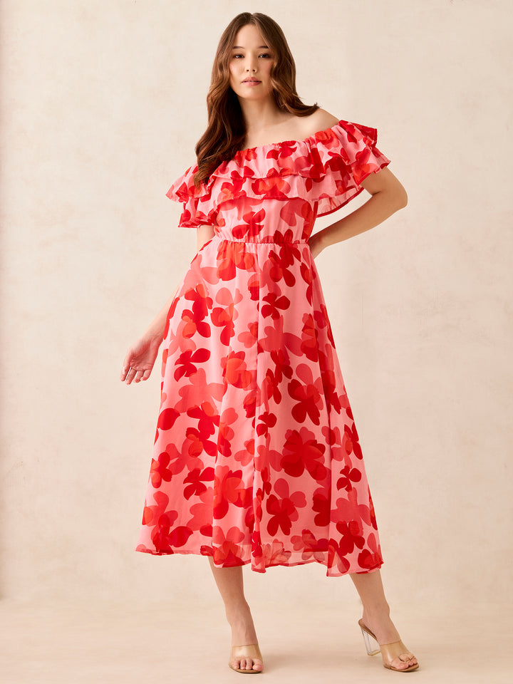 Red Off Shoulder Midi Dress