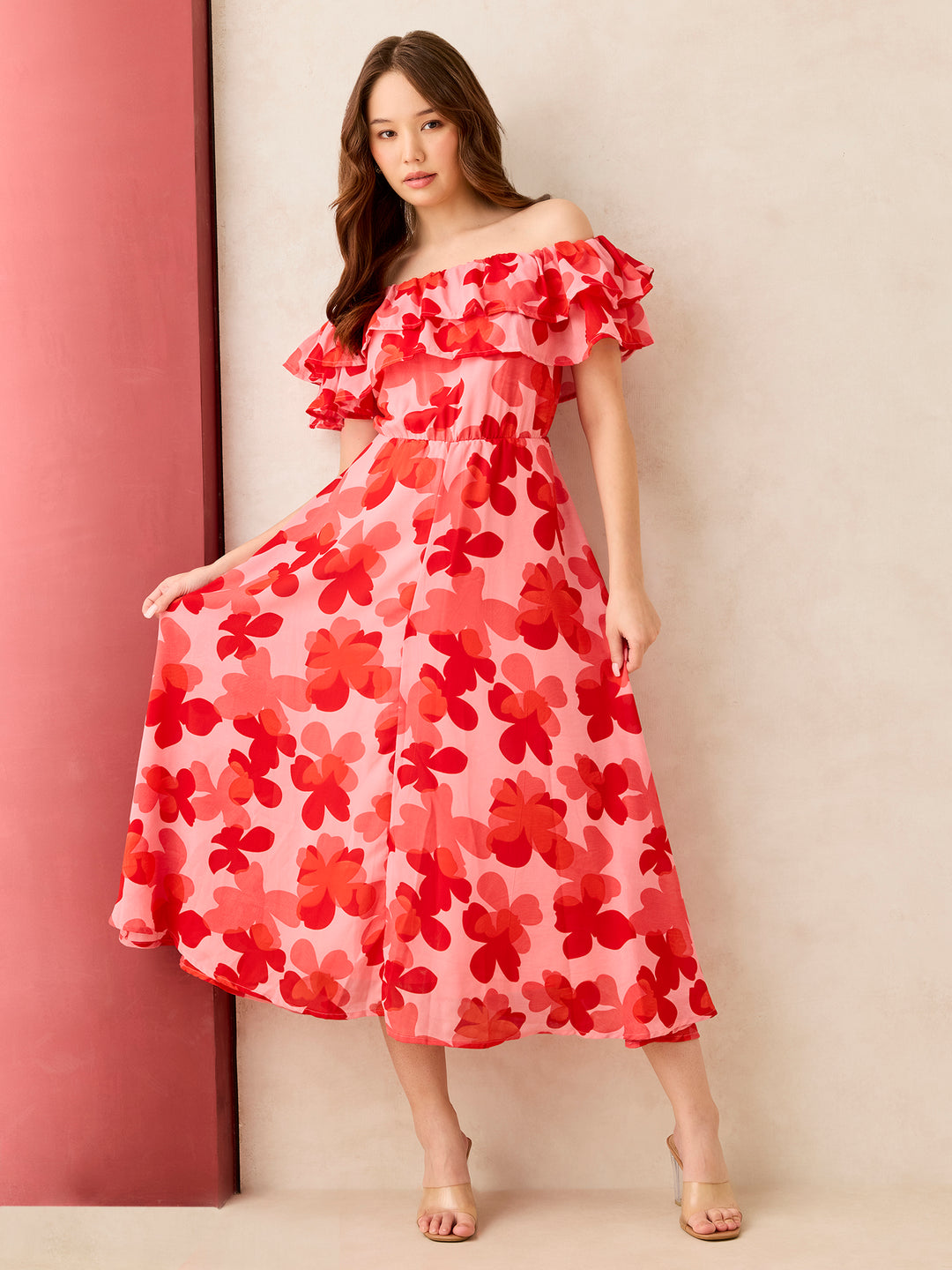 Red Off Shoulder Midi Dress