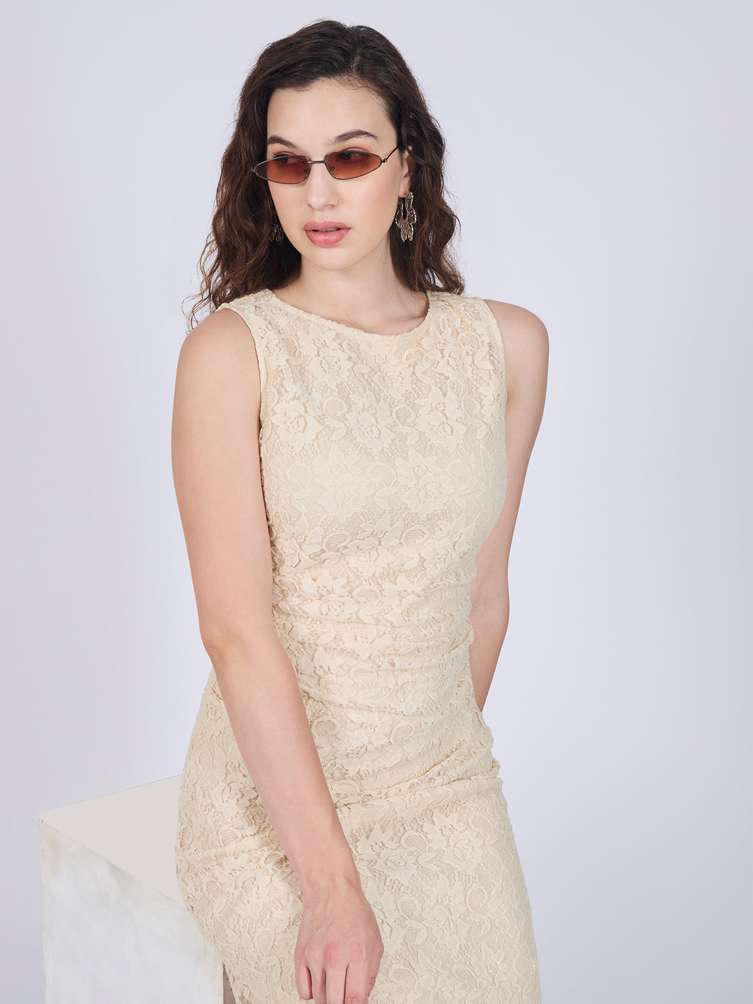Beige Floral Lace Midi Dress