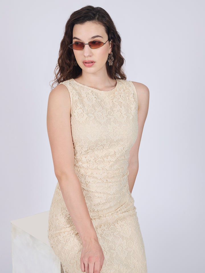 Beige Floral Lace Midi Dress