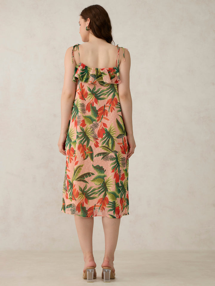 Peach Printed Ruffle Tie Up Dress
