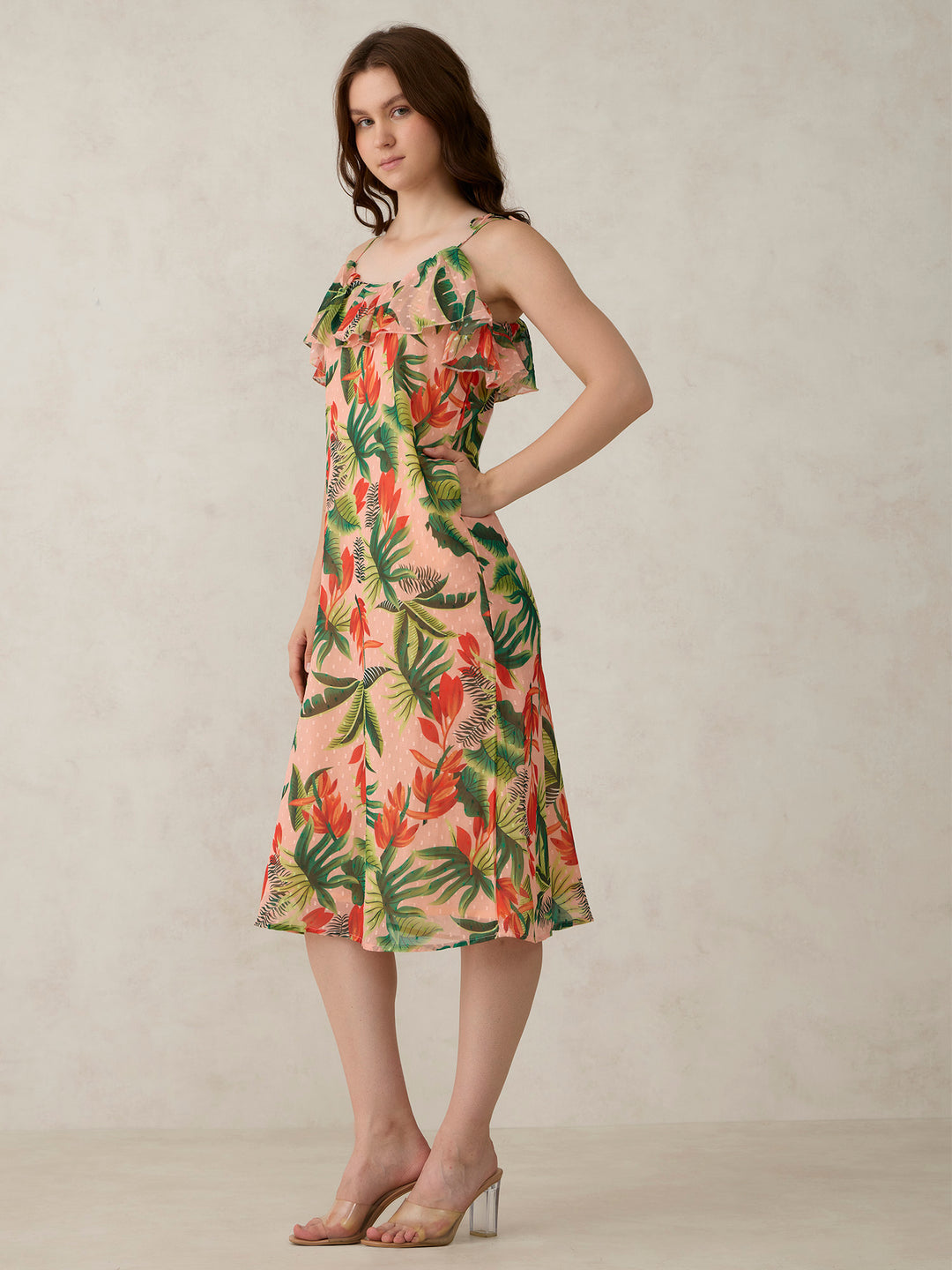 Peach Printed Ruffle Tie Up Dress