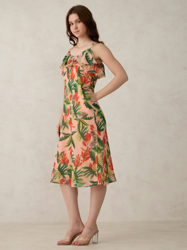 Peach Printed Ruffle Tie Up Dress