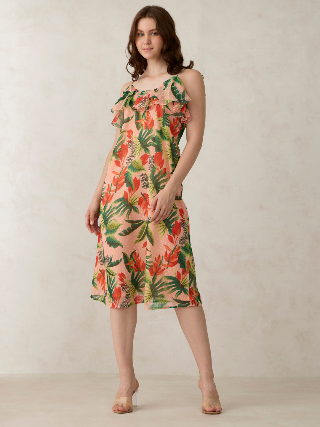 Peach Printed Ruffle Tie Up Dress