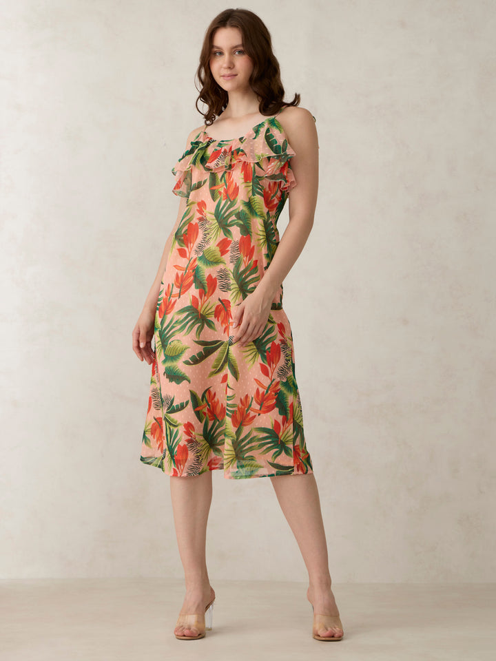 Peach Printed Ruffle Tie Up Dress