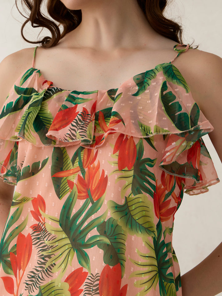 Peach Printed Ruffle Tie Up Dress