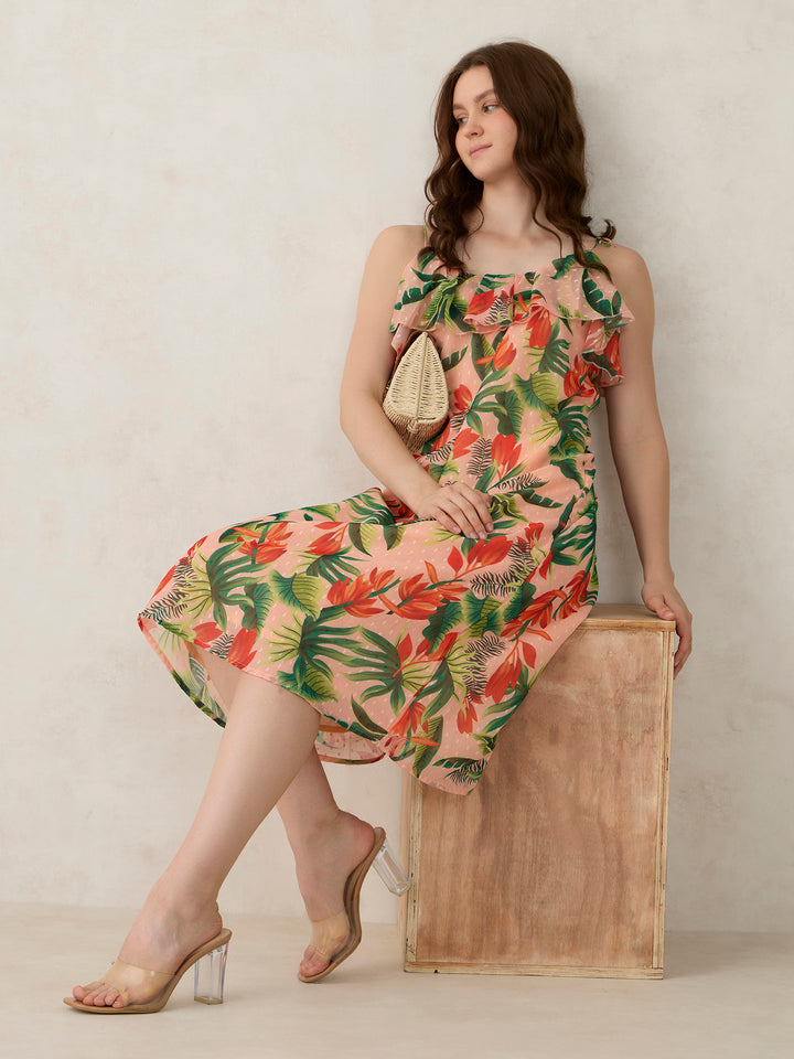 Peach Printed Ruffle Tie Up Dress
