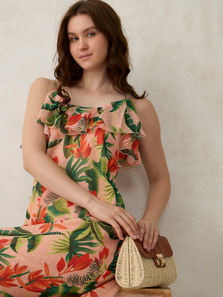 Peach Printed Ruffle Tie Up Dress