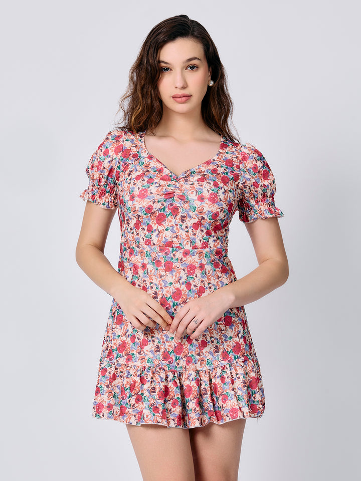 Pink Floral Print Fit And Flare Mini Dress