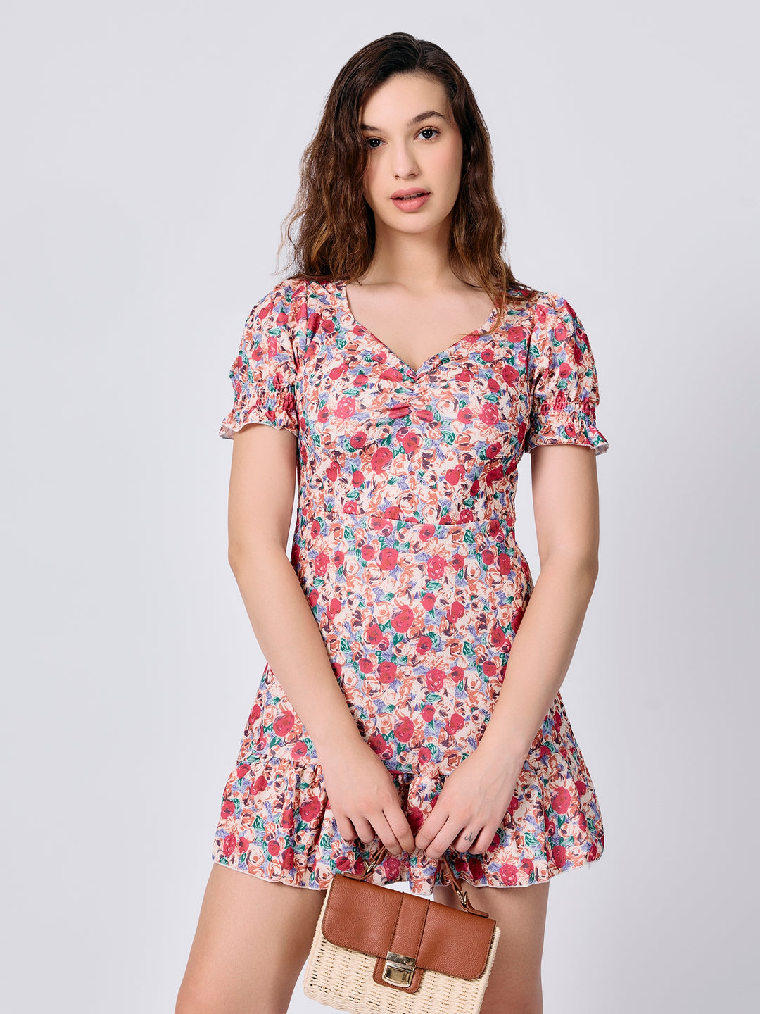 Pink Floral Print Fit And Flare Mini Dress