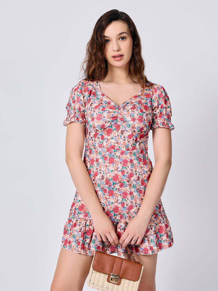 Pink Floral Print Fit And Flare Mini Dress