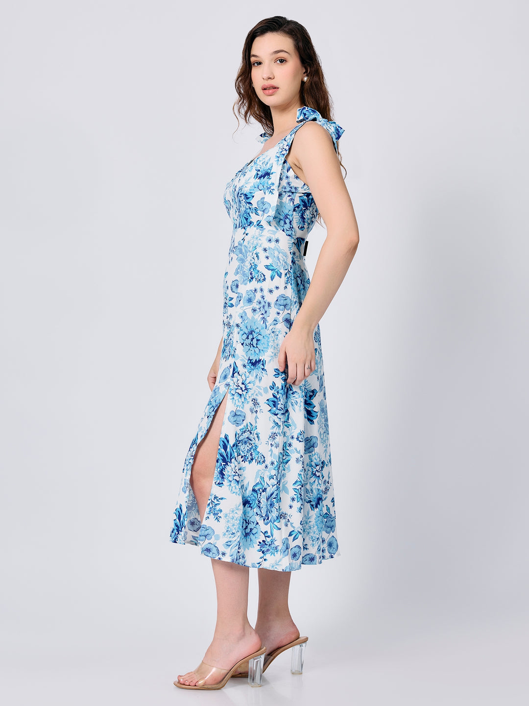 Blue Floral Printed Slip Midi Dress